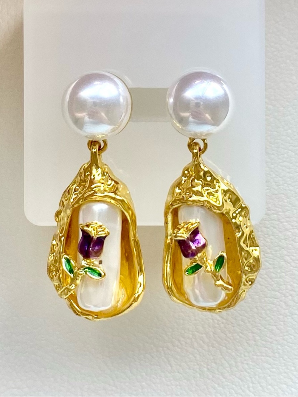 Gold Pearl Drop Earrings with Purple Rose Accent